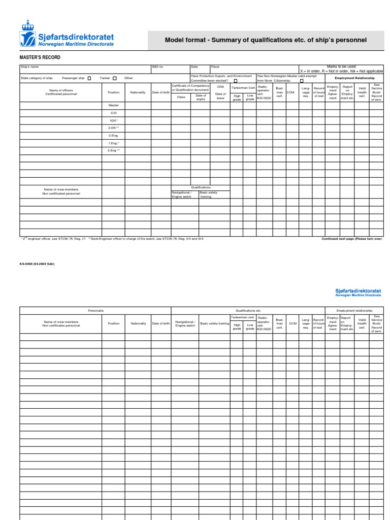 Master’s Record for Crew Qualifications | PDF | Ships | Sailor