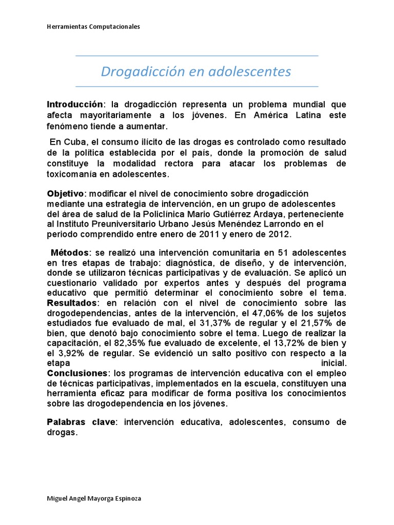 Intervención Educativa en Drogadicción Adolescente | PDF | La ...