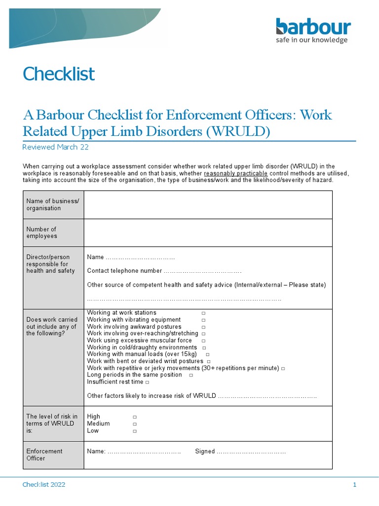 Checklist: A Barbour Checklist For Enforcement Officers: Work Related ...