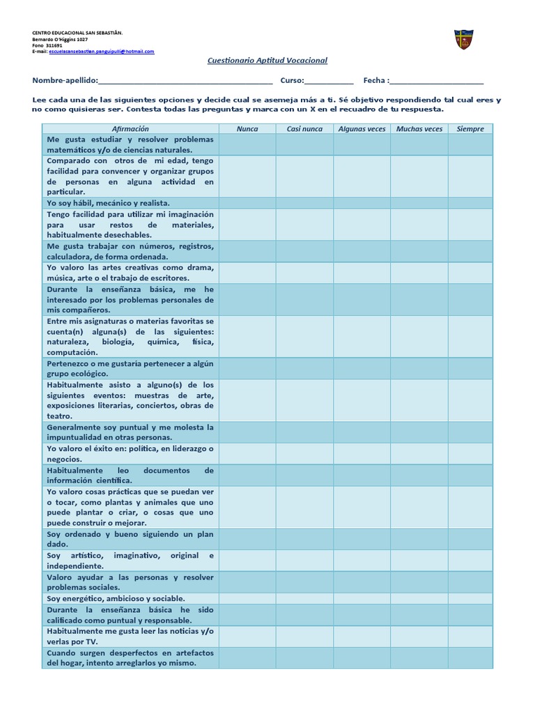 Test Vocacional 2016 | PDF | Educación primaria | Cognición