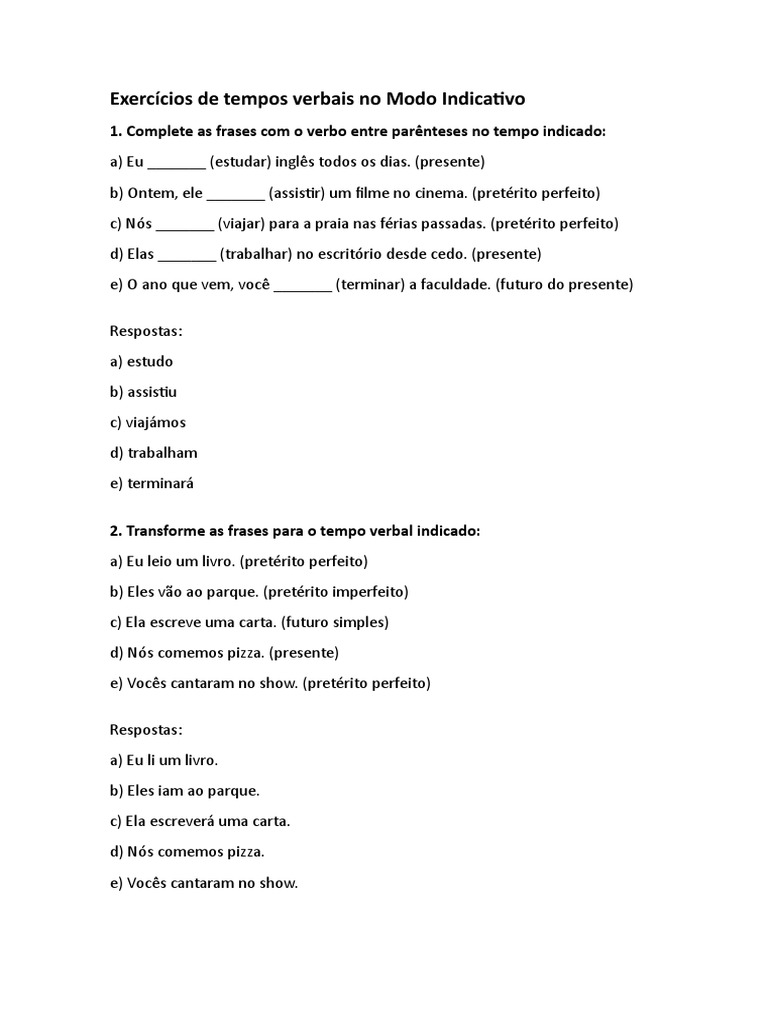 Exercícios de Tempos Verbais Indicativos | PDF | Conjugação gramática ...