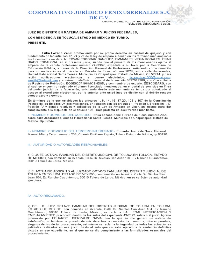 Amparo Indirecto por Ilegal Notificación | PDF | Caso de ley | Demanda ...