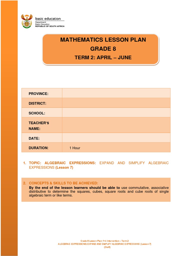 ALGEBRAIC EXPRESSIONS Term 2 Lesson 7 Grade 8 | PDF | Numbers | Learning