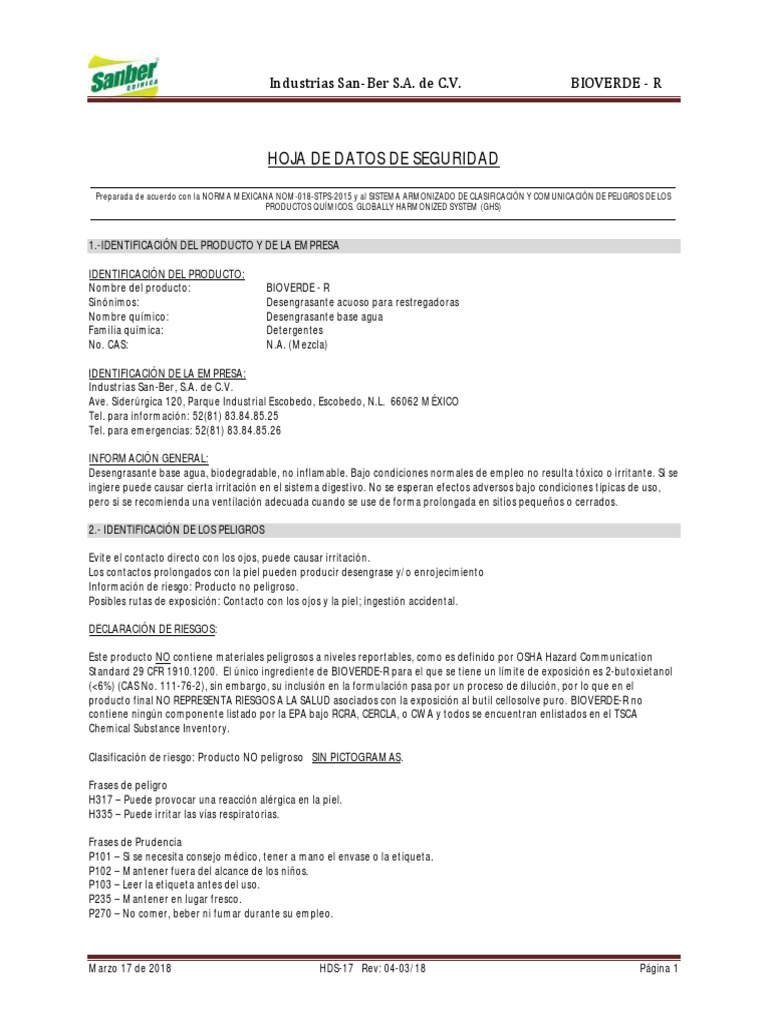 Hoja de Seguridad Desengrasante Bioverde | PDF | Mercancías peligrosas ...