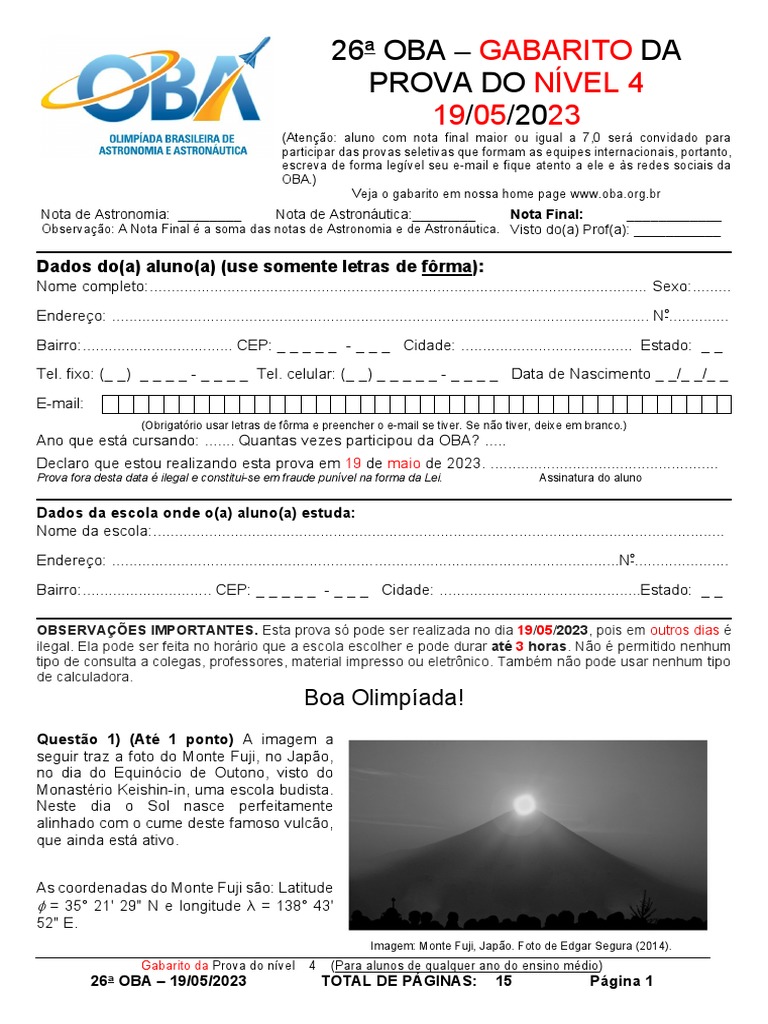 Gabarito Prova OBA Nível 4 - 2023 | PDF | Satélite | Marte