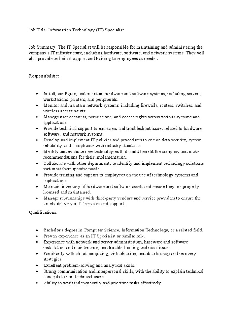 Information Technology Job Description PDF Computer Network