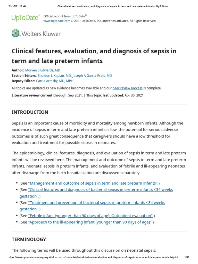 Clinical features, evaluation, and diagnosis of sepsis in term and late