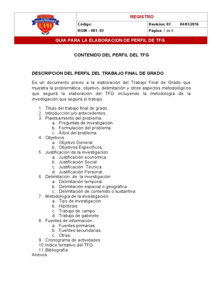 RGIN-001-03 Guia para la elaboracion del Perfil del TFG | PDF ...