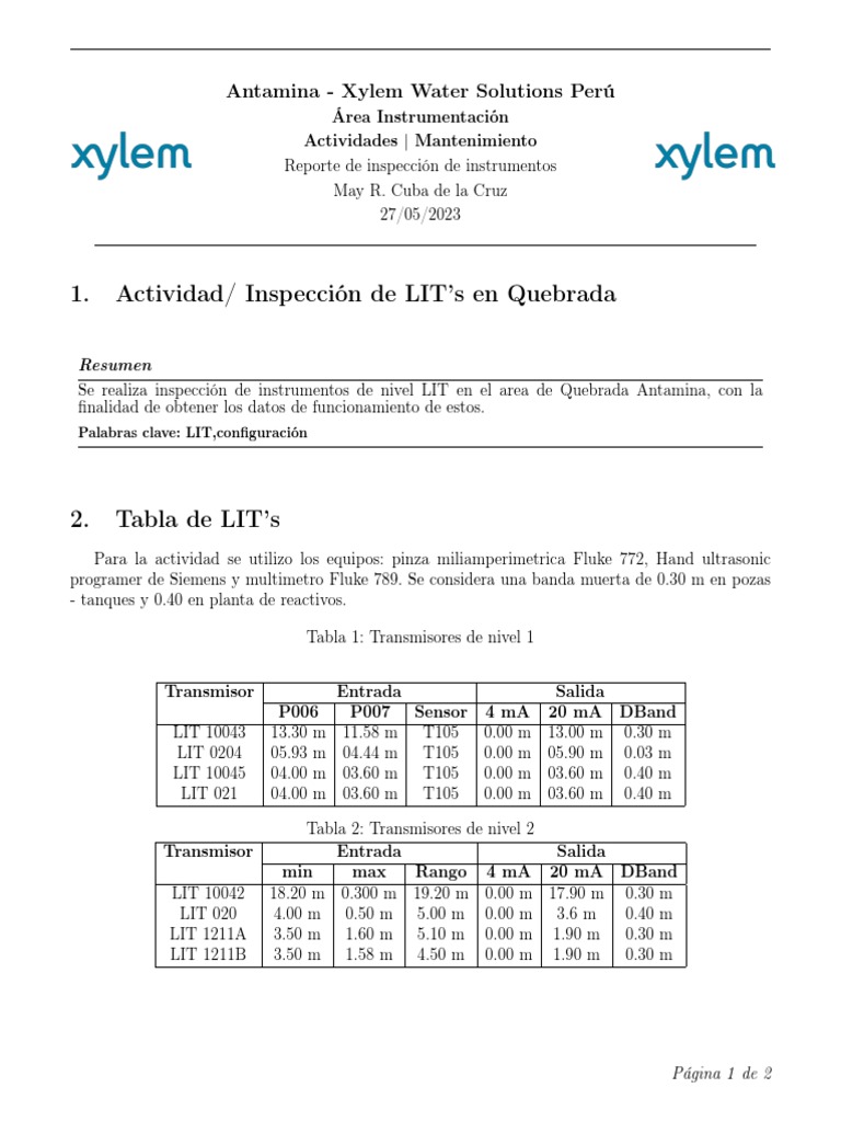 Reporte de Instrumentación LIT QUEBRADA | PDF