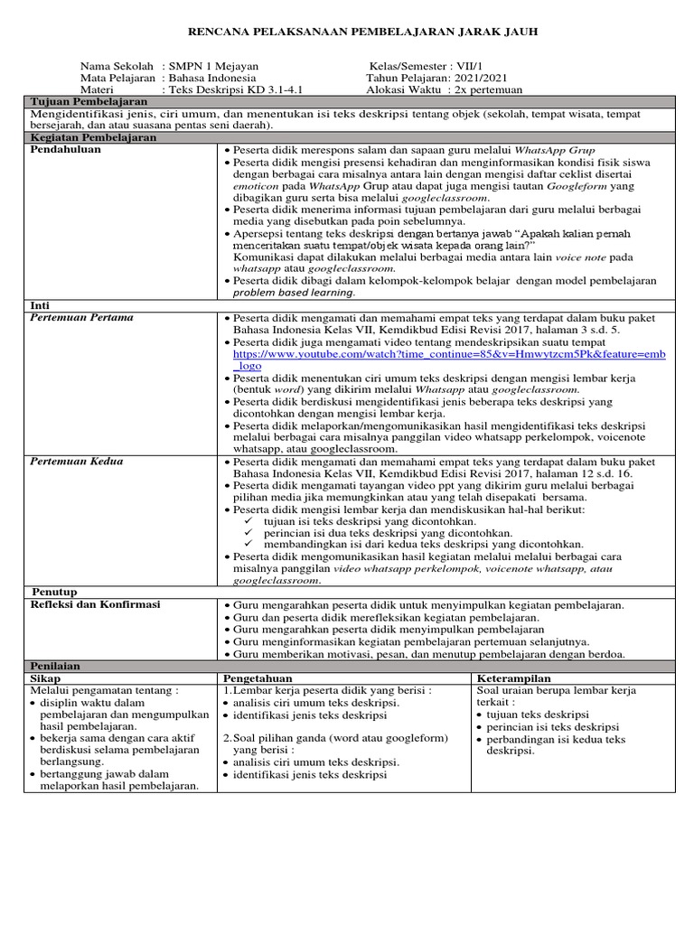 RPP PJJ Teks Deskripsi 3.1 Dan 4.1 | PDF | Karier & Perkembangan ...