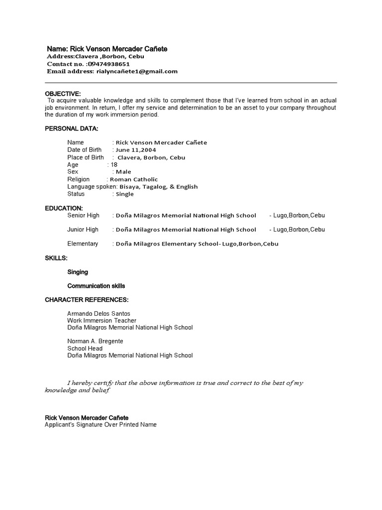 Work immersion resume sample pdf