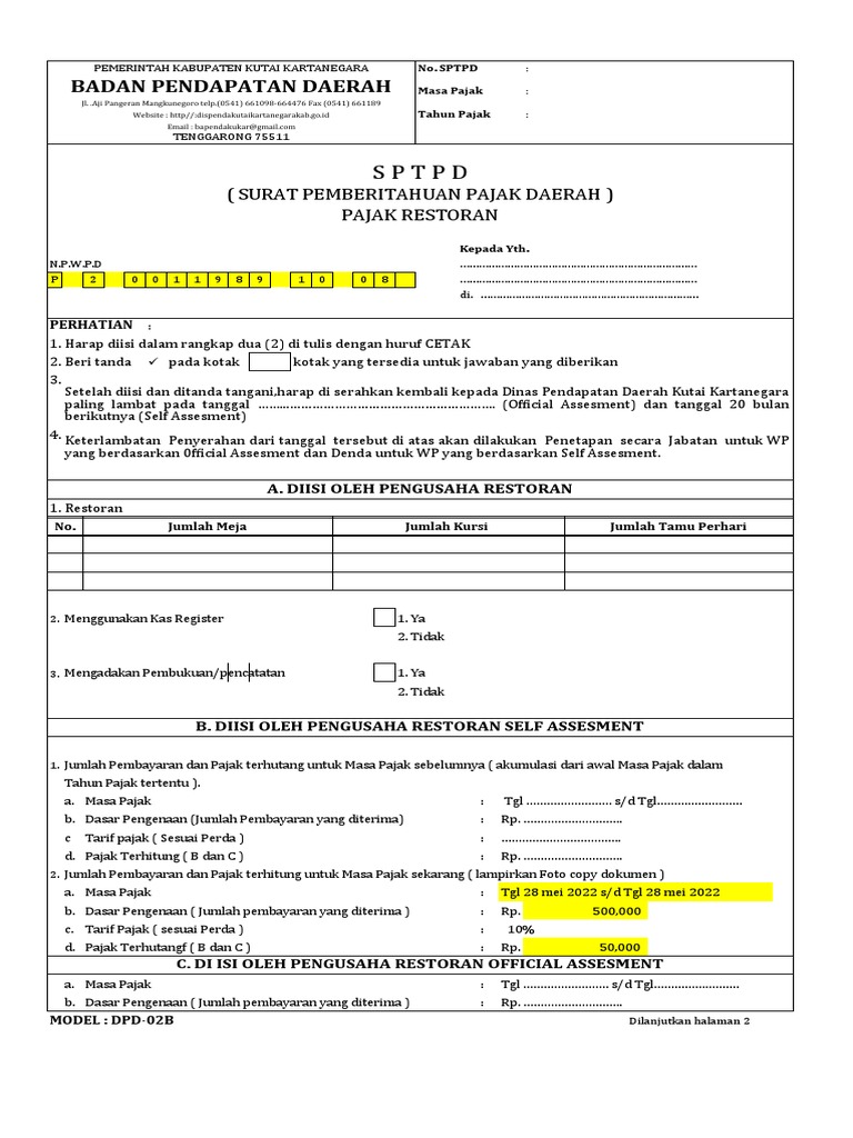 SPTPD Pajak Restoran Kutai Kartanegara | PDF