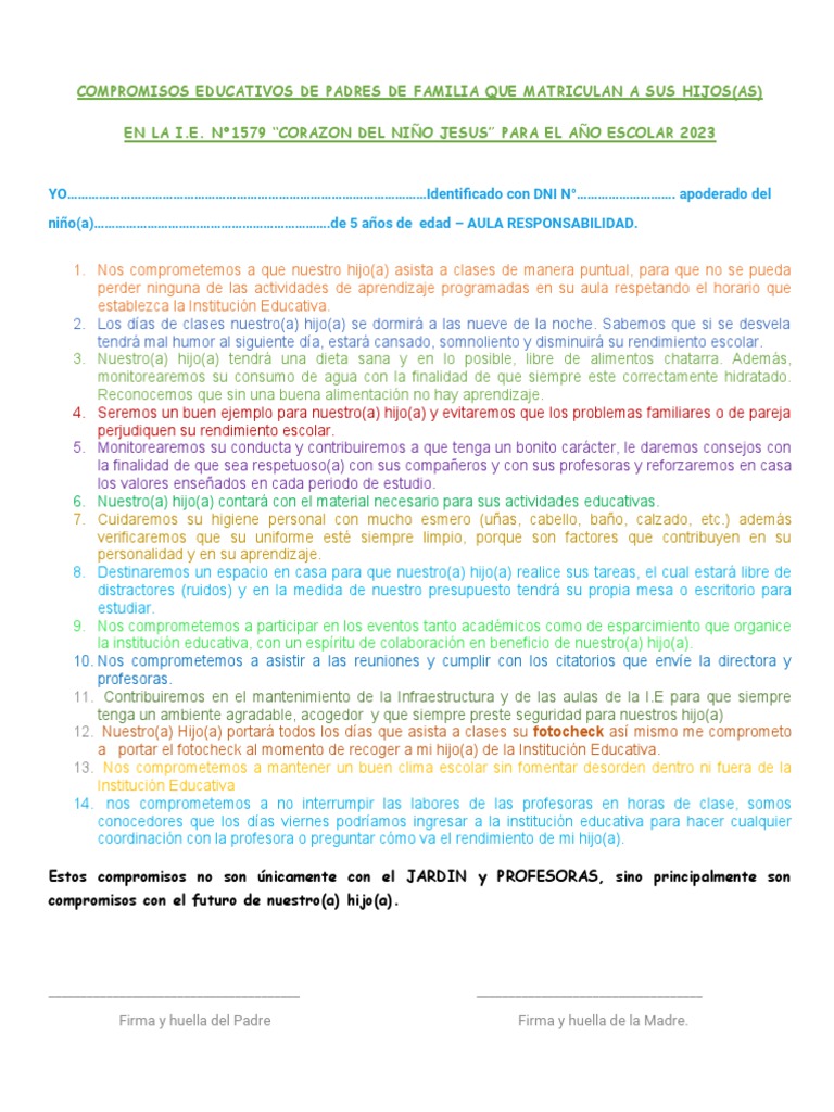 Compromisos Educativos para Padres 2023 | PDF | Salón de clases