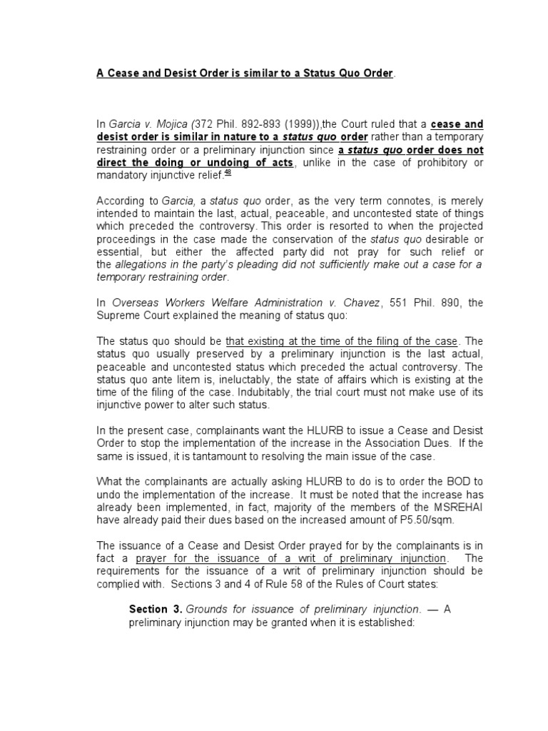 A Cease and Desist Order is Similar to a Status Quo Order PDF
