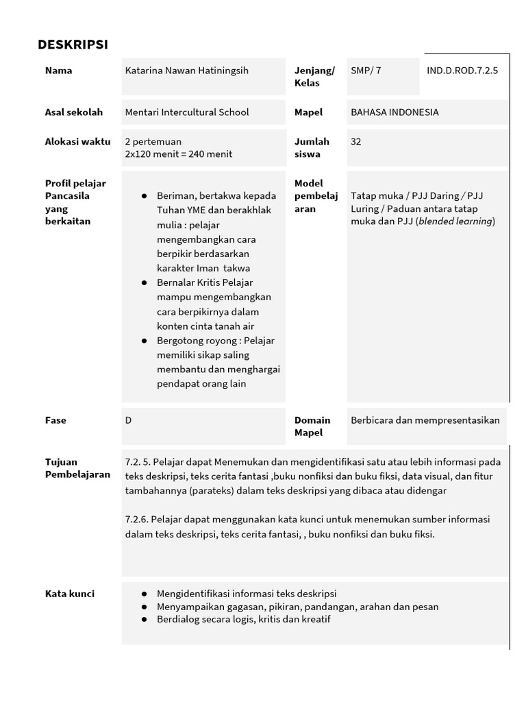 Pembelajaran Teks Deskripsi SMP | PDF