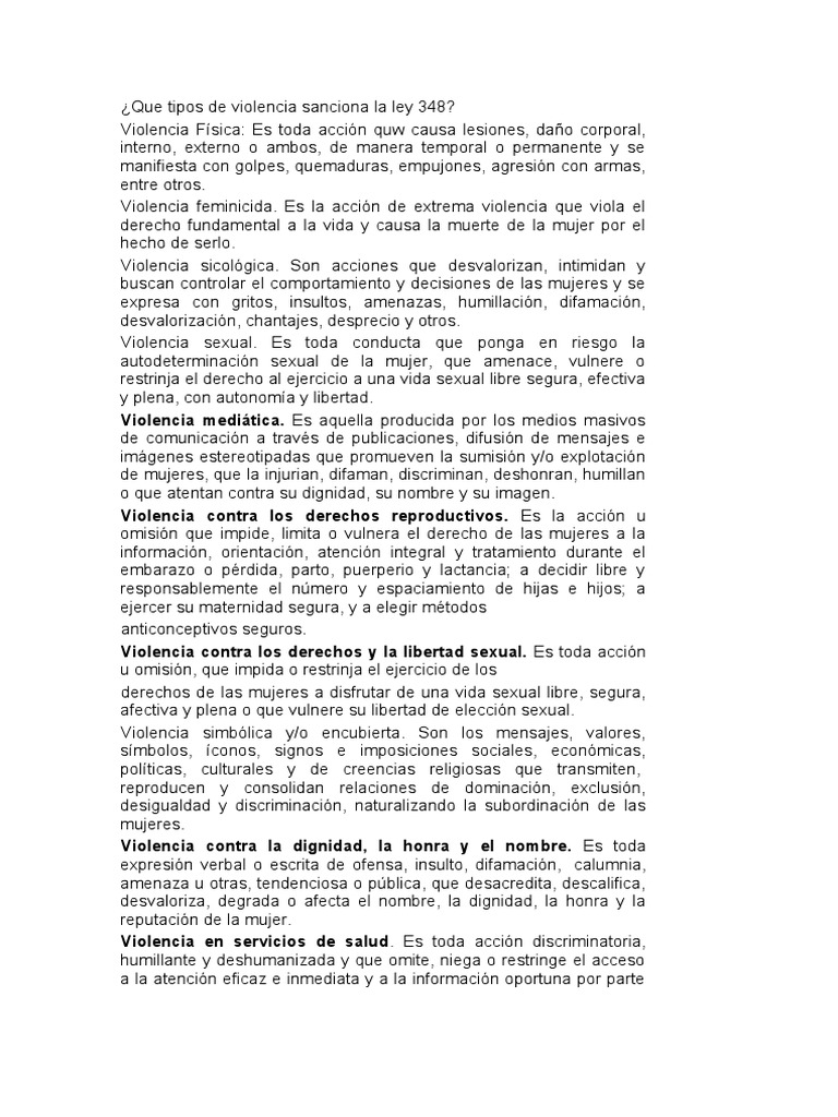 Que Tipos de Violencia Sanciona La Ley 348 | PDF | Violencia ...