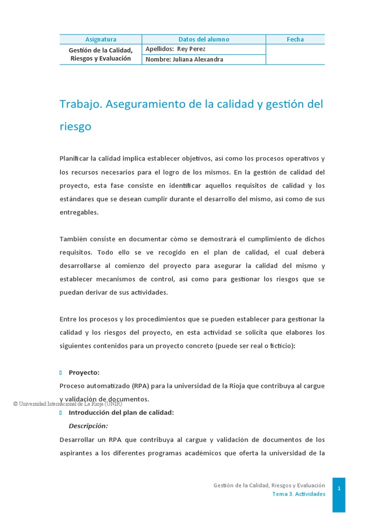Trabajo- Aseguramiento de La Calidad y Gestión Del Riesgo | PDF ...
