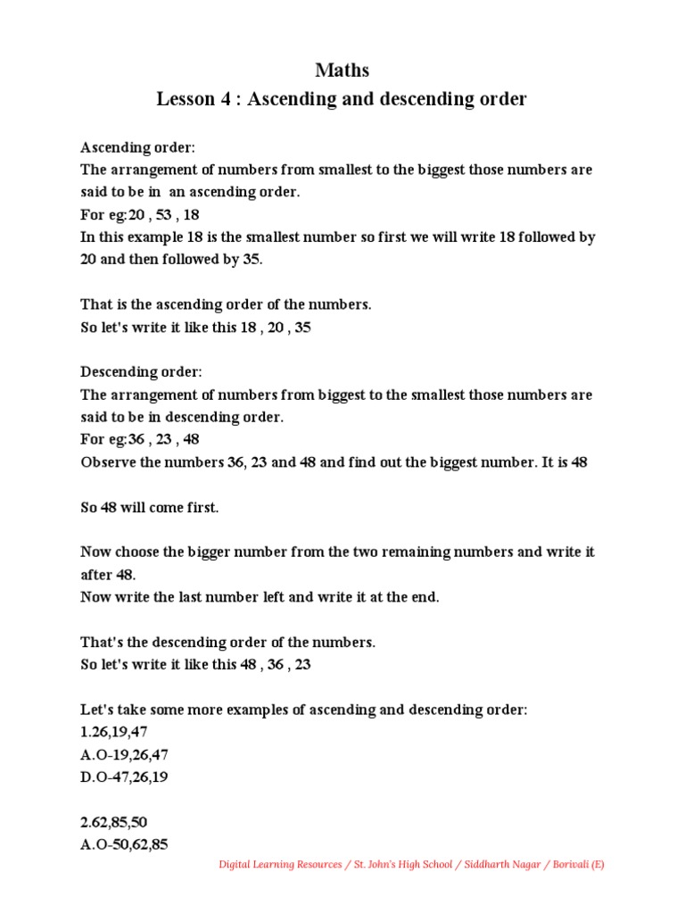 Ascending and Descending Order Notes | PDF