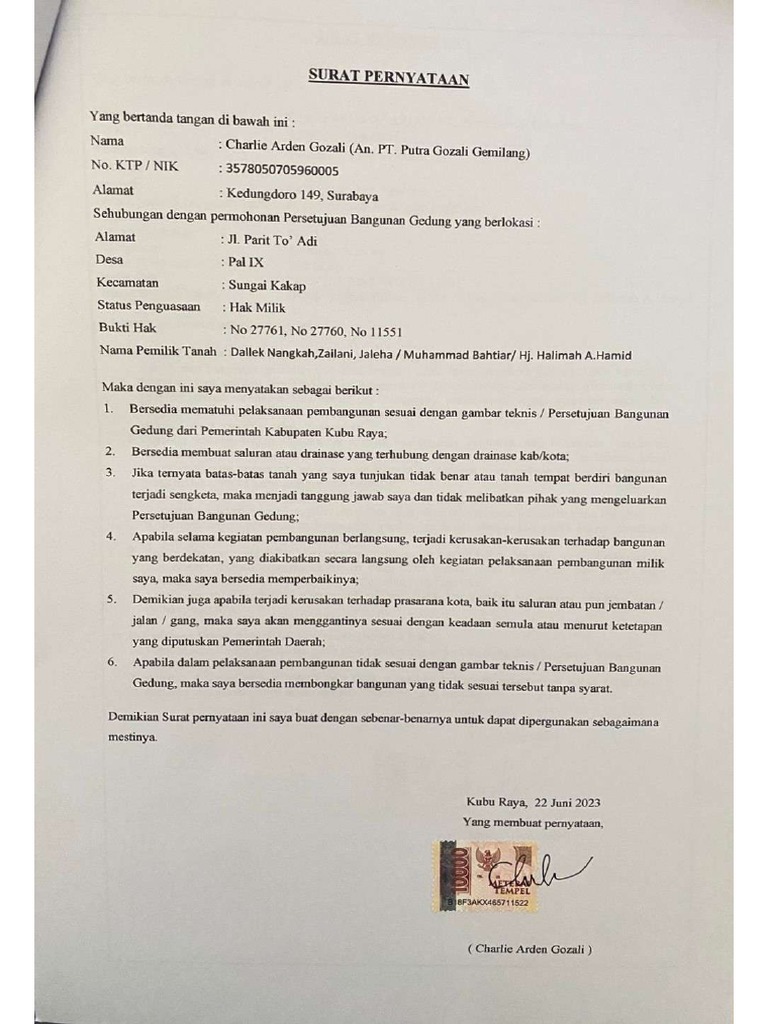 Surat Pernyataan Utk IMB 6lbr | PDF