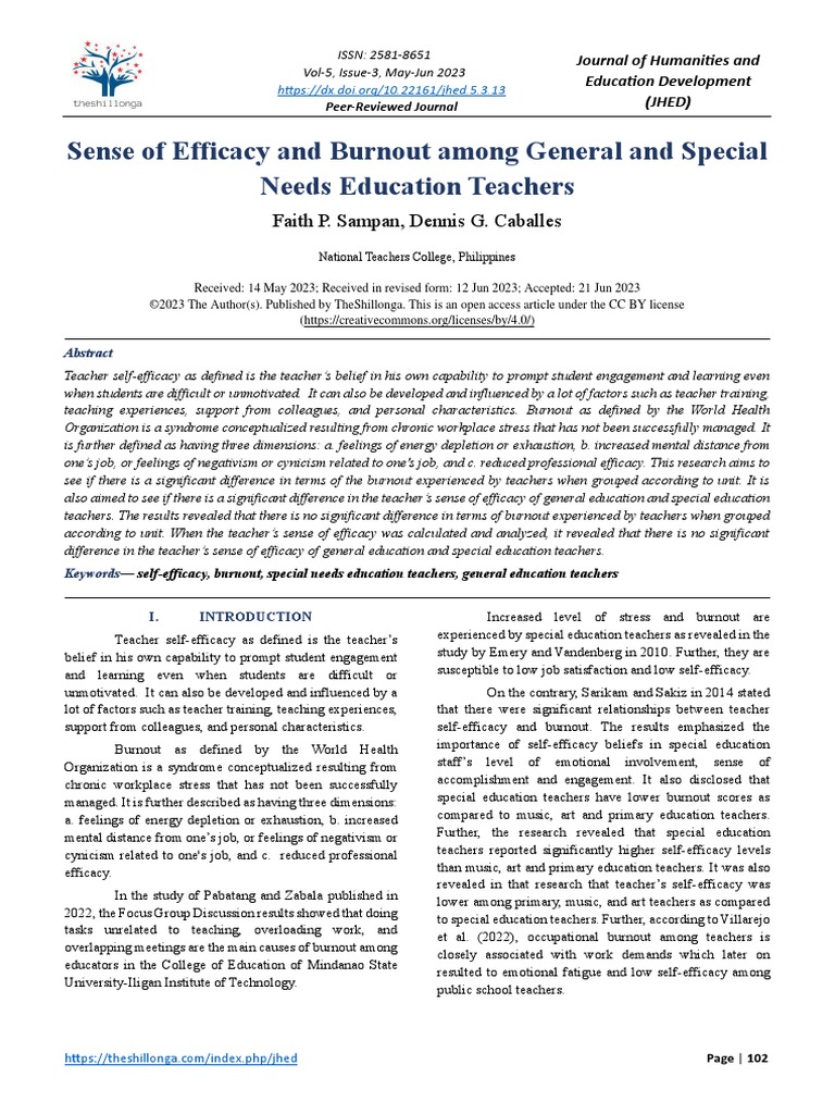 Teacher Efficacy and Burnout Study | PDF | Occupational Burnout | Self ...