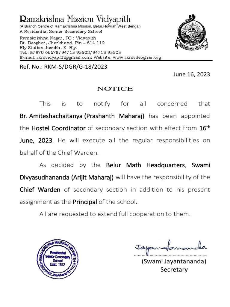 Appointment of Chief Warden & Hostel Coordinator (Secondary) - 16.06. ...
