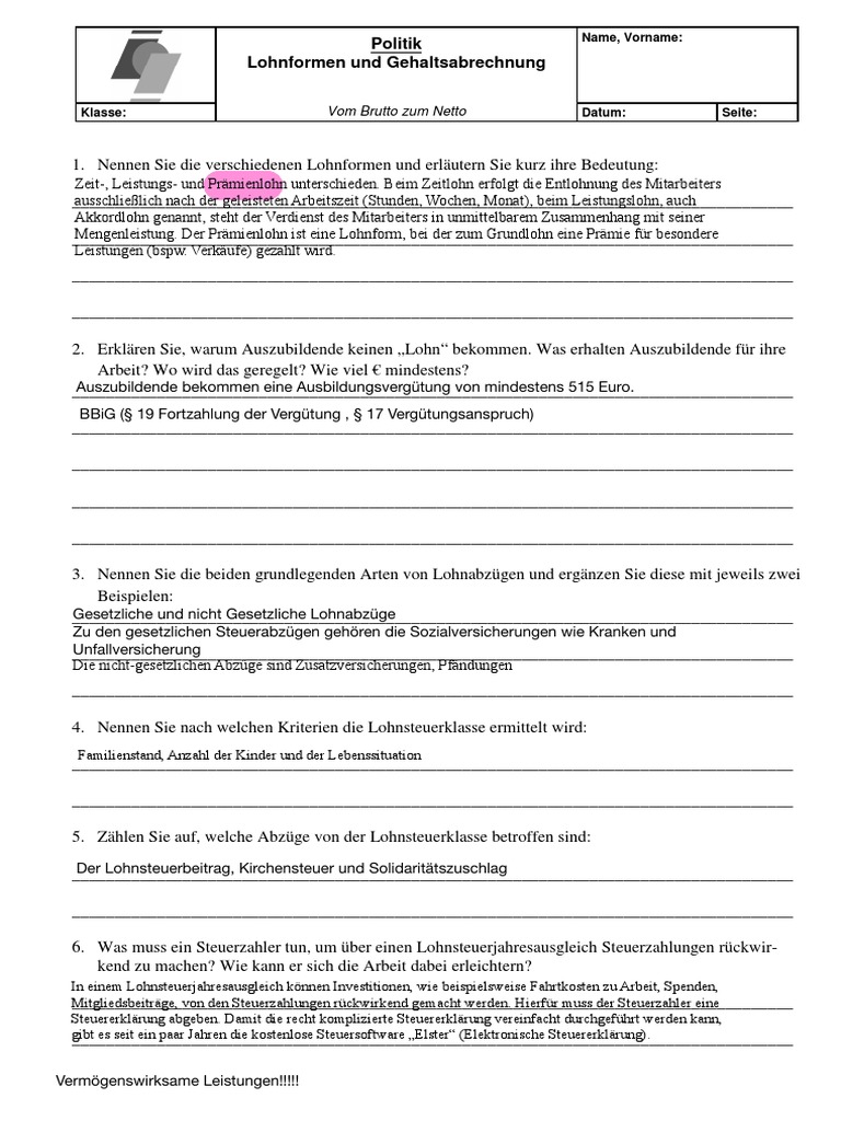 01 Arbeitsblatt Lohnformen Und Gehaltabrechnung 2.0 | PDF