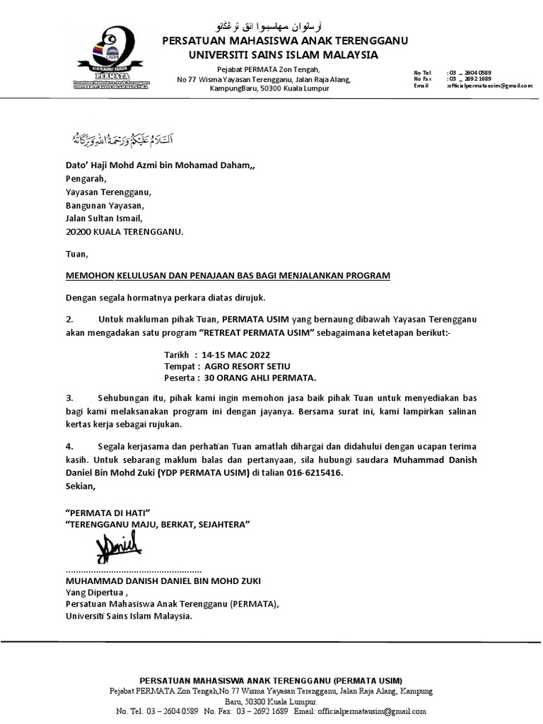 Permohonan Bas untuk Retreat PERMATA USIM | PDF