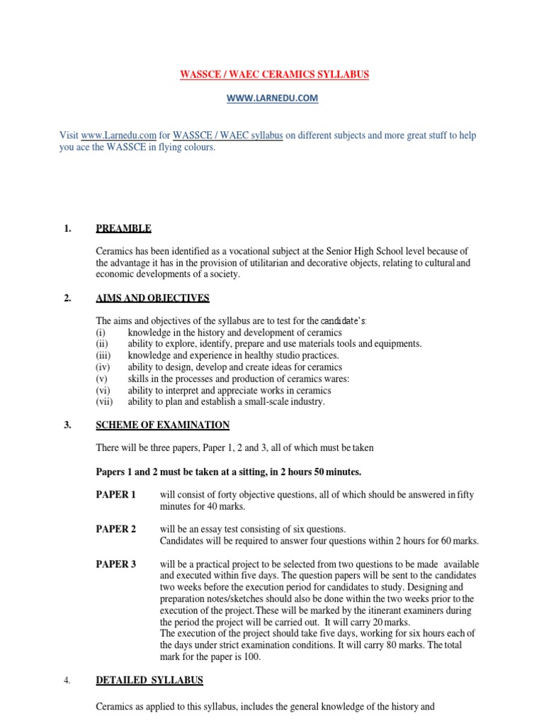 WASSCE WAEC Ceramics Syllabus PDF Pottery Clay