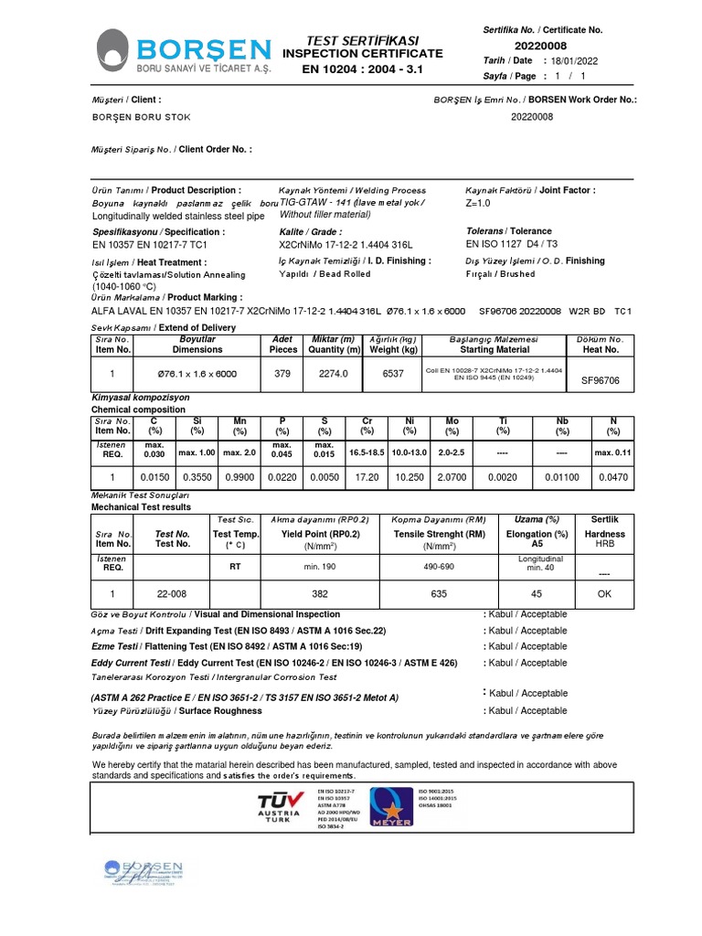 Inspection Certificate EN 10204: 2004 - 3.1: Test Sertifikasi | PDF