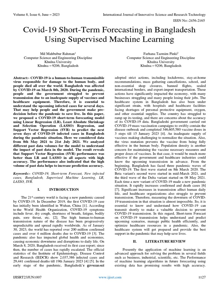 Covid-19 Short-Term Forecasting in Bangladesh Using Supervised Machine ...