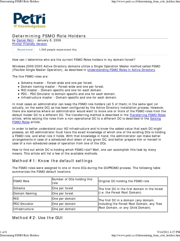 Determining FSMO Role Holders | PDF | Active Directory | Windows 2000