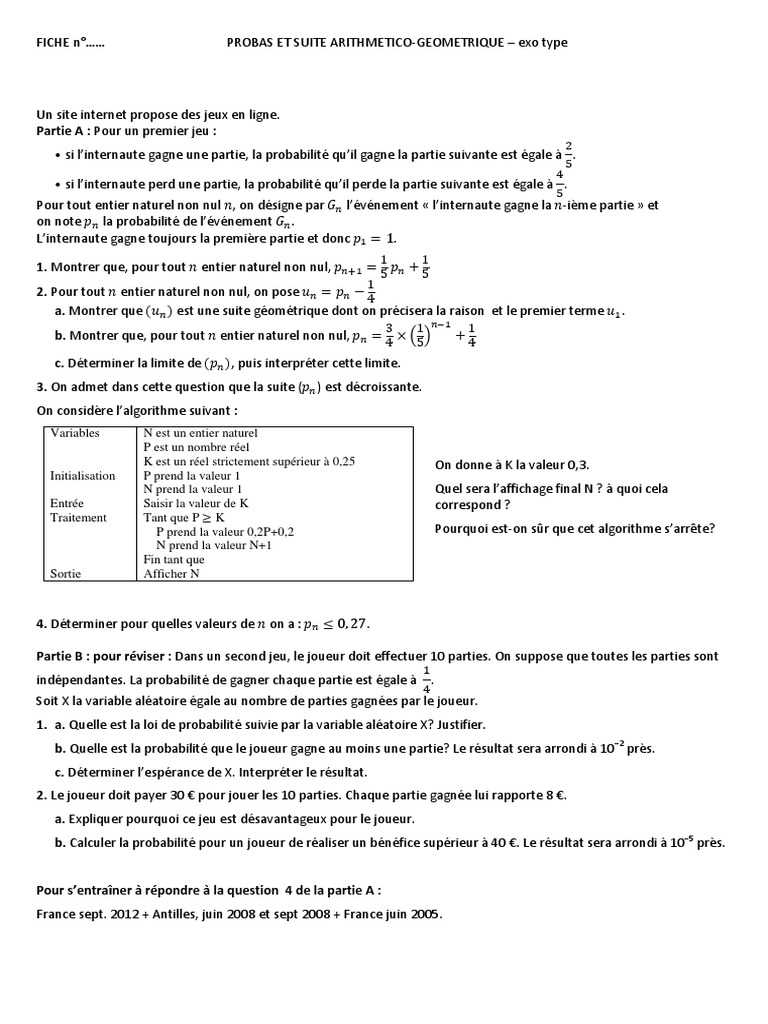 Probas et Suites Arithmétiques | PDF | Probabilité | Entier naturel
