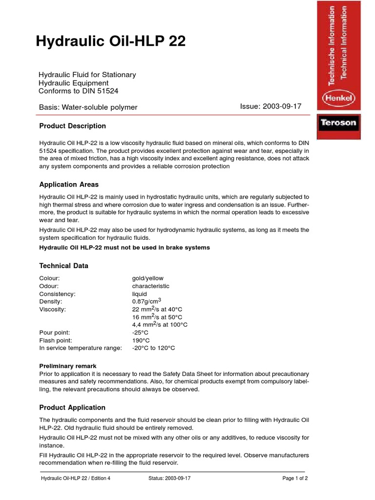 Teroson Hydraulic Oil HLP 22 Download Free PDF Building Engineering