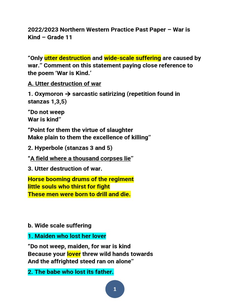 Northern Western Practice Past Paper War Is Kind Grade 11 PDF
