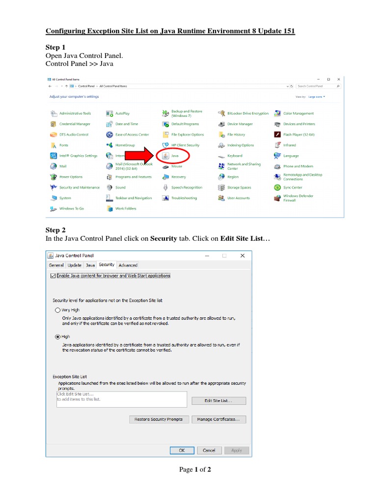 9.configuring Exception Site List On Java Runtime Environment 8 Update