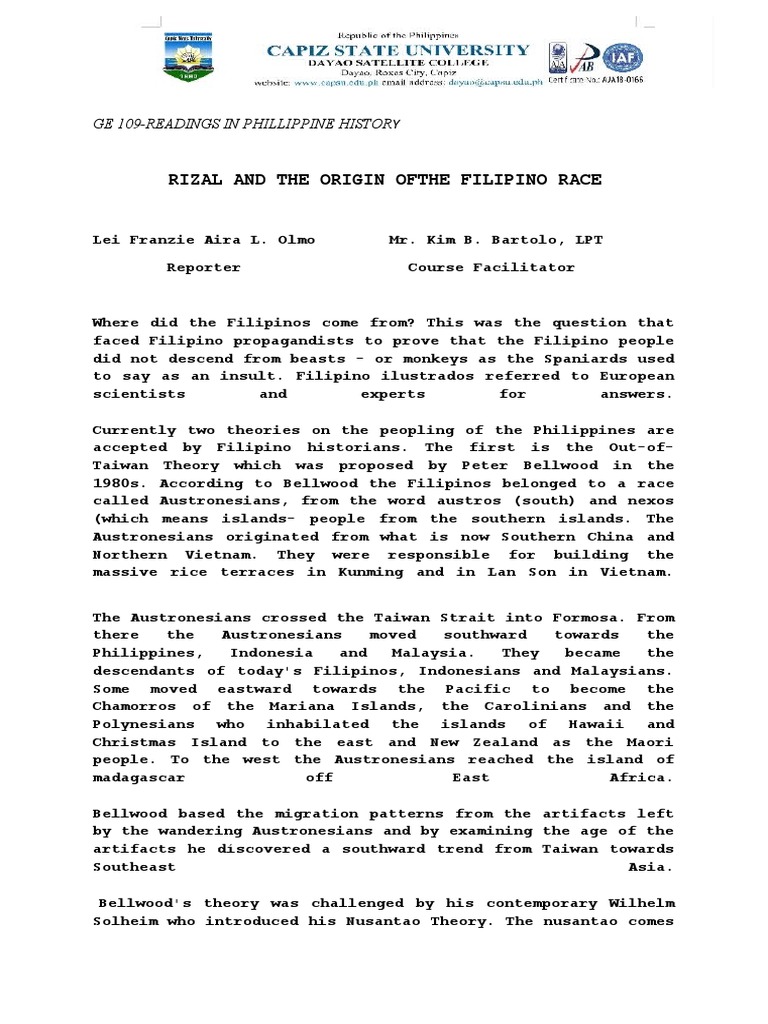 Rizal and The Origin of Filipino Race | PDF | Philippines | Racism