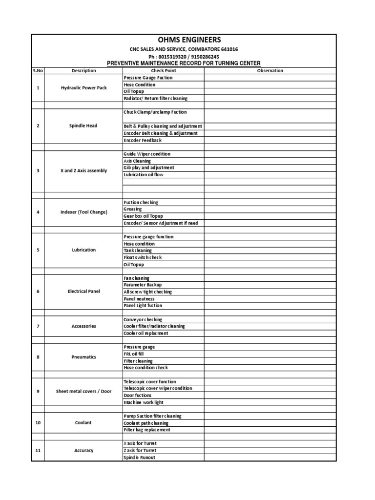 Preventive Maintenance Checklist for CNC | PDF | Pump | Belt (Mechanical)