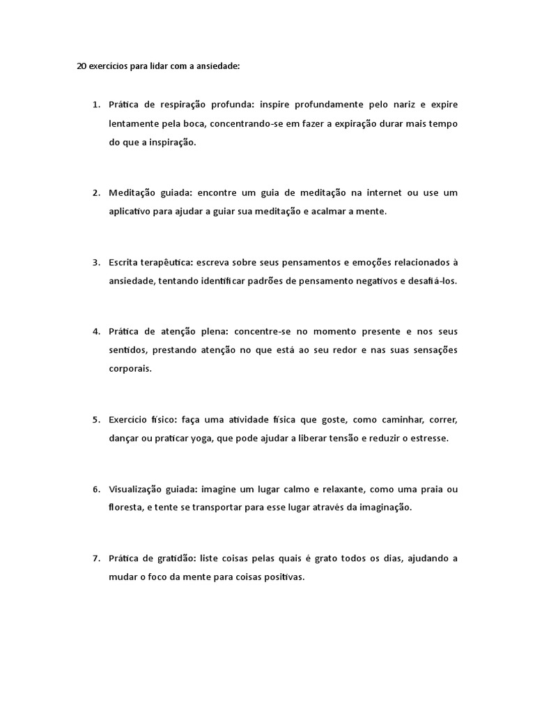 20 Exercicios para Lidar Com A Ansiedade | PDF | Ansiedade | Atenção plena