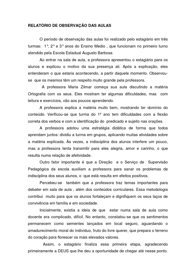 Relatório de Observação Das Aulas | PDF | Escolas | Lição