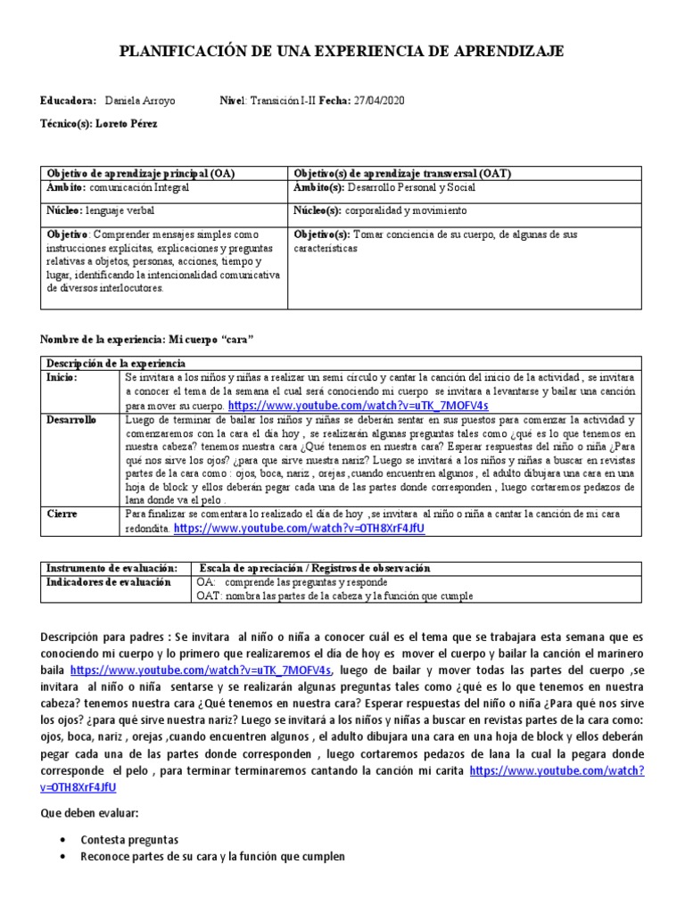 Planificación de Una Experiencia de Aprendizaje - Docx Mi Cuerpo 1