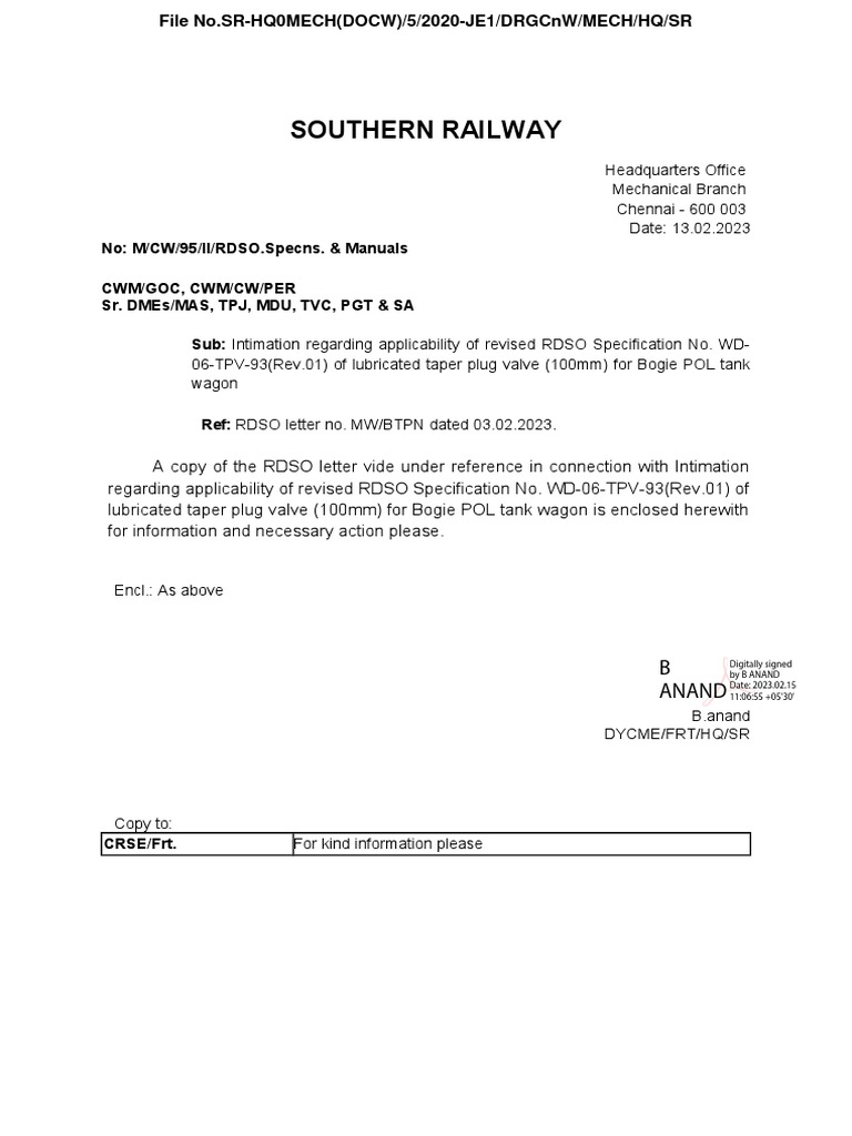 RDSO Specification No. WD06-TPV-93(Rev.01) | PDF | Valve | Materials