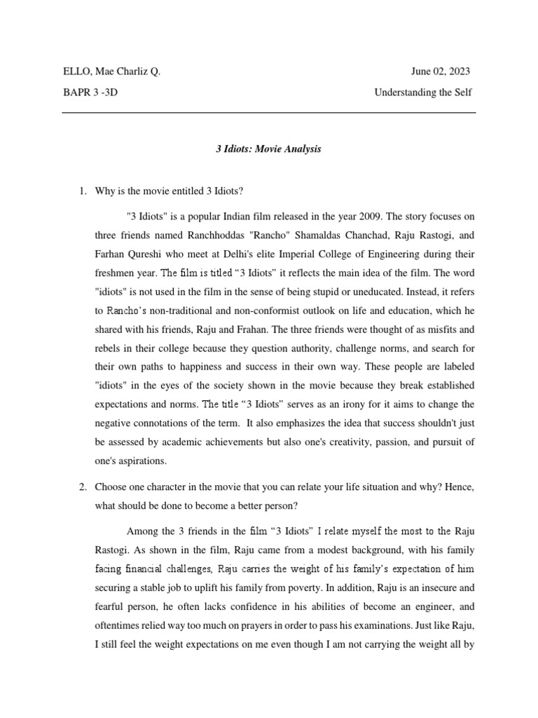 3 Idiots Analysis PDF Behavioural Sciences Psychological Concepts