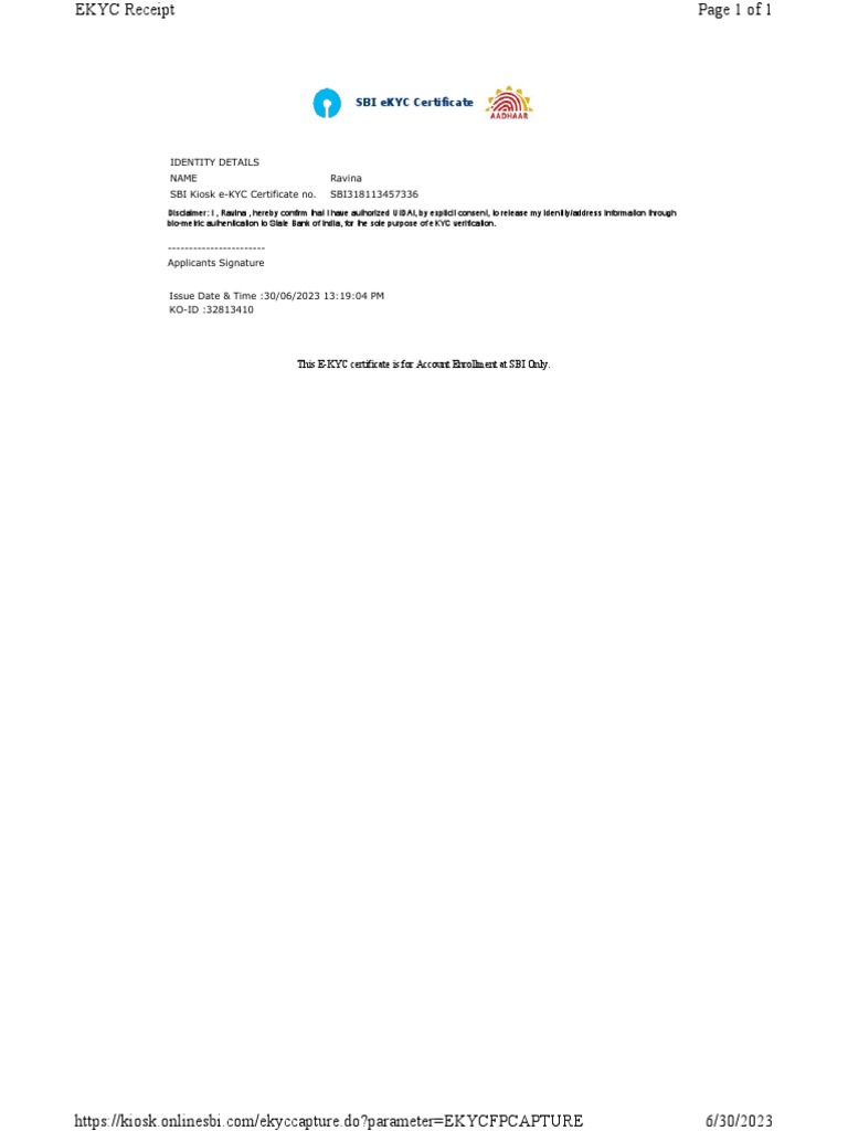 identity-details-name-ravina-sbi-kiosk-e-kyc-certificate-no