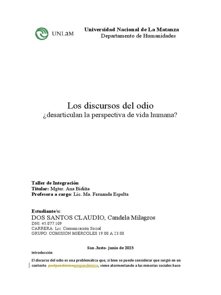 Discurso del odio y su impacto humano | PDF | El discurso del odio | Temor