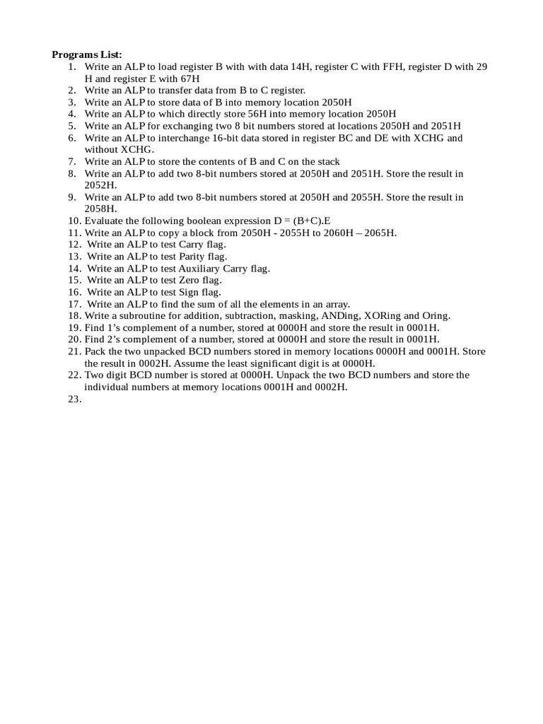 8085 Programs List | PDF | Arithmetic | Computer Science