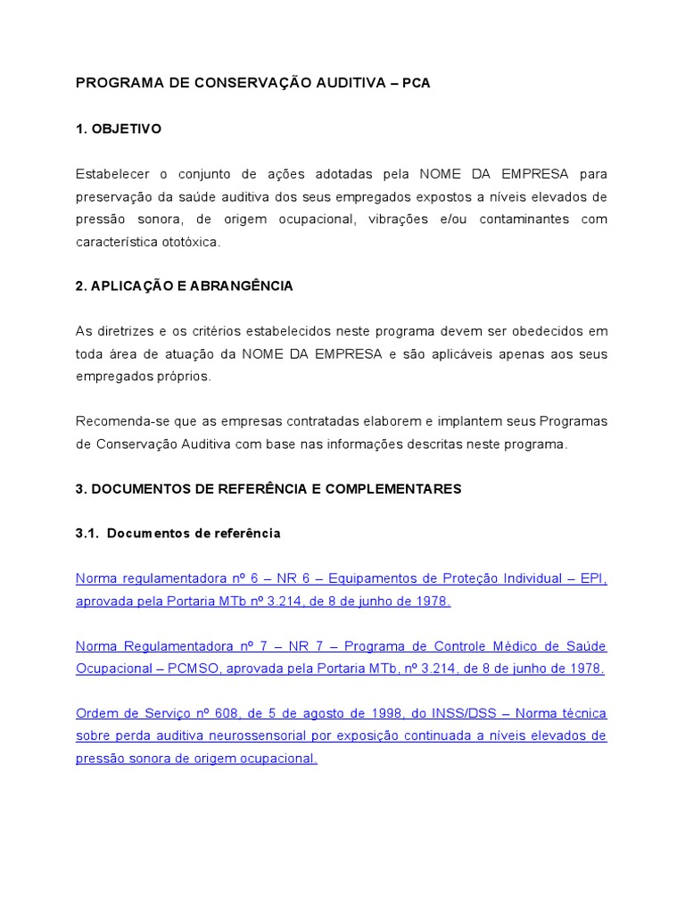 Programa de Conservação Auditiva PCA (Modelo) PDF Barulho