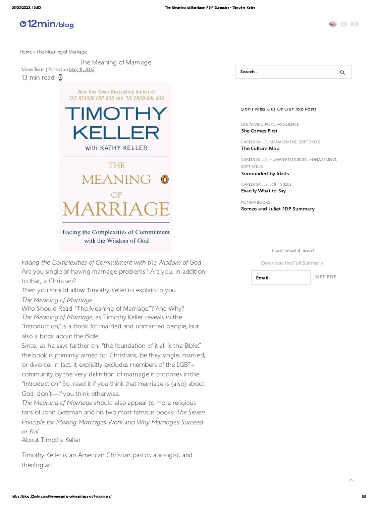 The Meaning of Marriage PDF Summary Timothy Keller PDF Love Marriage