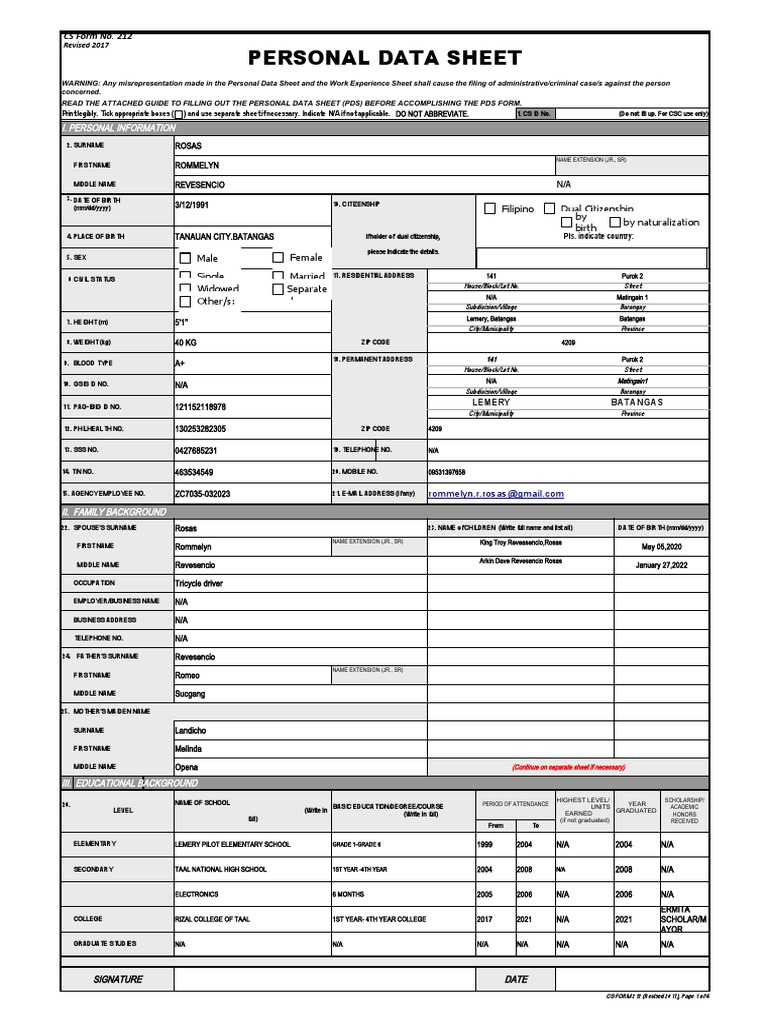 CS Form No. 212 Personal Data Sheet Revised | PDF | Government | Social ...