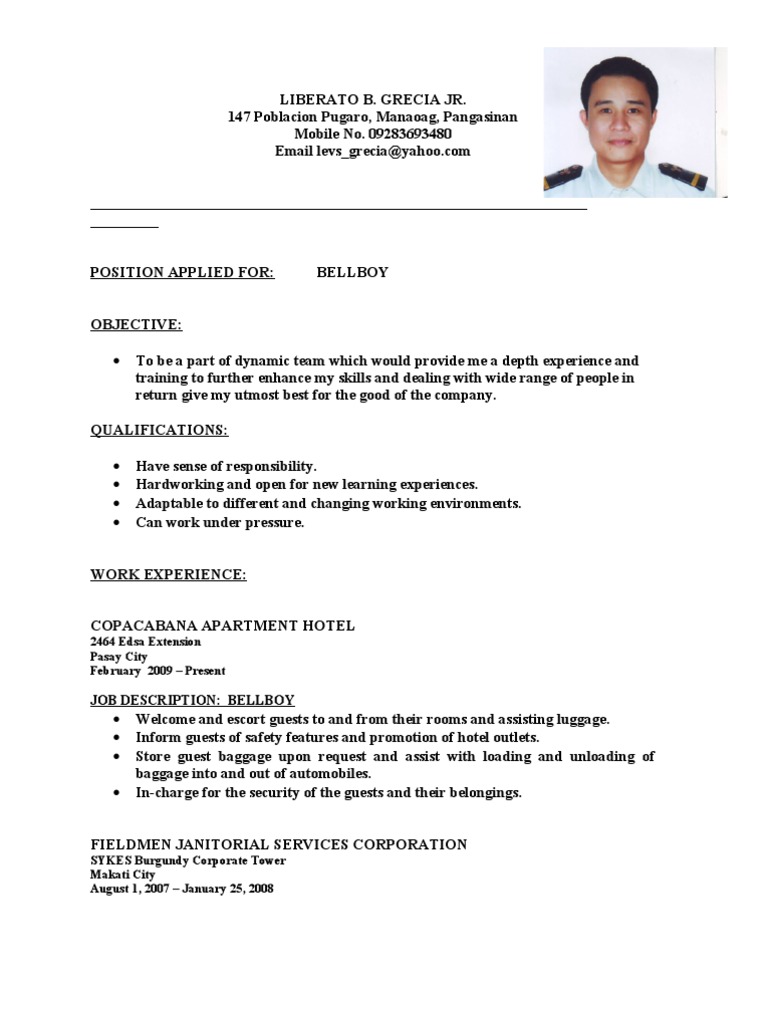 Job Description Bellboy 2464 Edsa Extension Pasay City February 2009