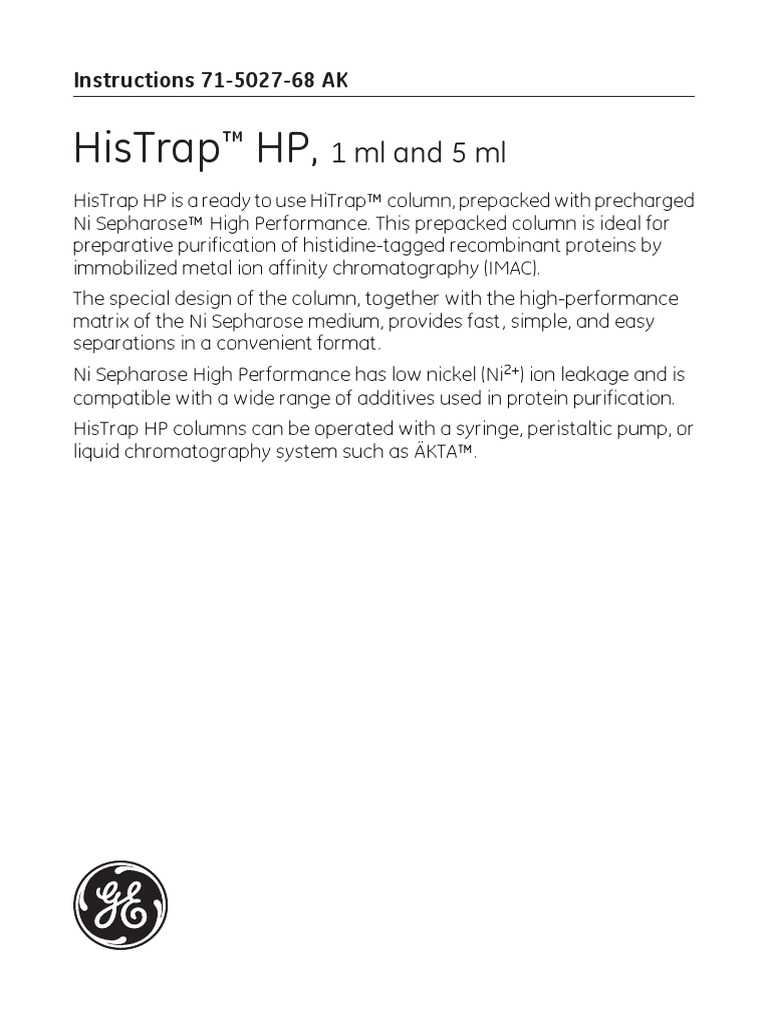 HisTrap HP 5x5mL Litdoc71502768 - 20150330002757 | PDF | Protein ...